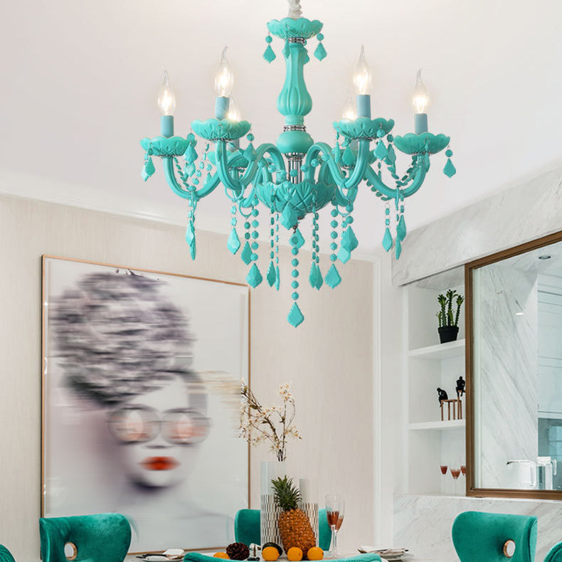 Multi Light Candle Branch Hanging Pendant Modern Style Crystal Hanging Lighting in Green