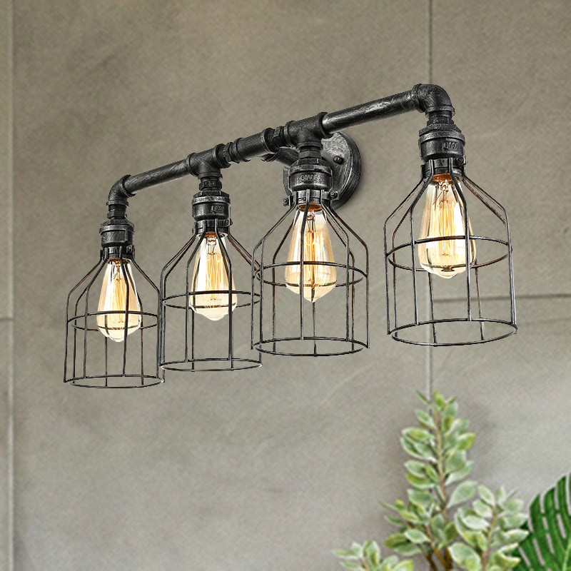 4 Lichter Steampunk -Leuchte -Leuchte mit Drahtschutz Retro -Stil gealtert Silber Metallic Leuchtenbeleuchtung