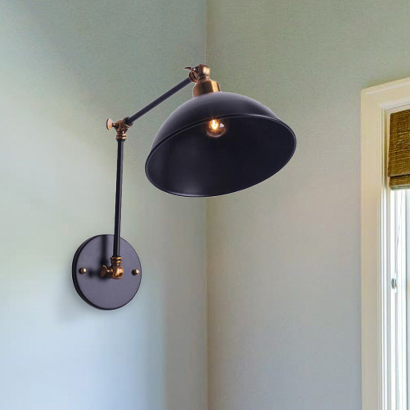 1 Bulb Sconce Light Vintage Swing Arm Metal Wall Lighting with Bowl Shade in Black for Stairway