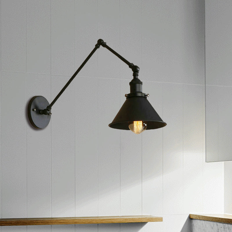 1 Kopfleuchtenbeleuchtung mit konischen Schatten und Schwung Arm Metal Retro -Stillampe in Schwarz