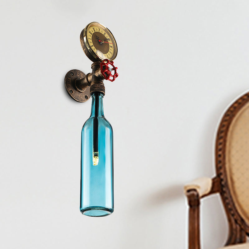 Brown/Blue Bottle Wall Sconce Lamp Vintage Stylish Glass 1 Bulb Living Room Wall Lighting with Gauge and Valve