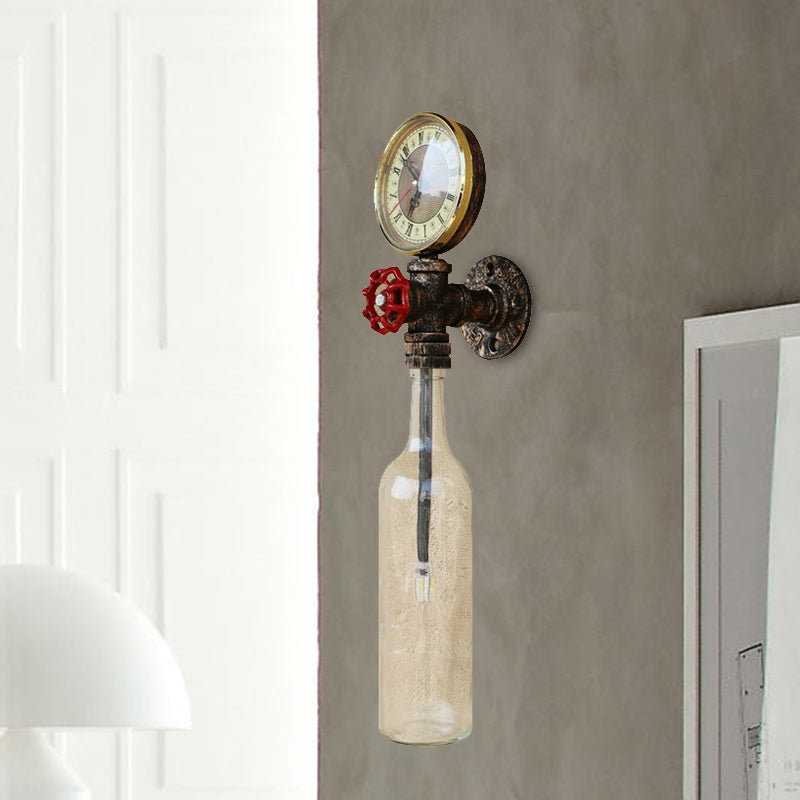 Brown/Blue Bottle Wall Sconce Lamp Vintage Stylish Glass 1 Bulb Living Room Wall Lighting with Gauge and Valve