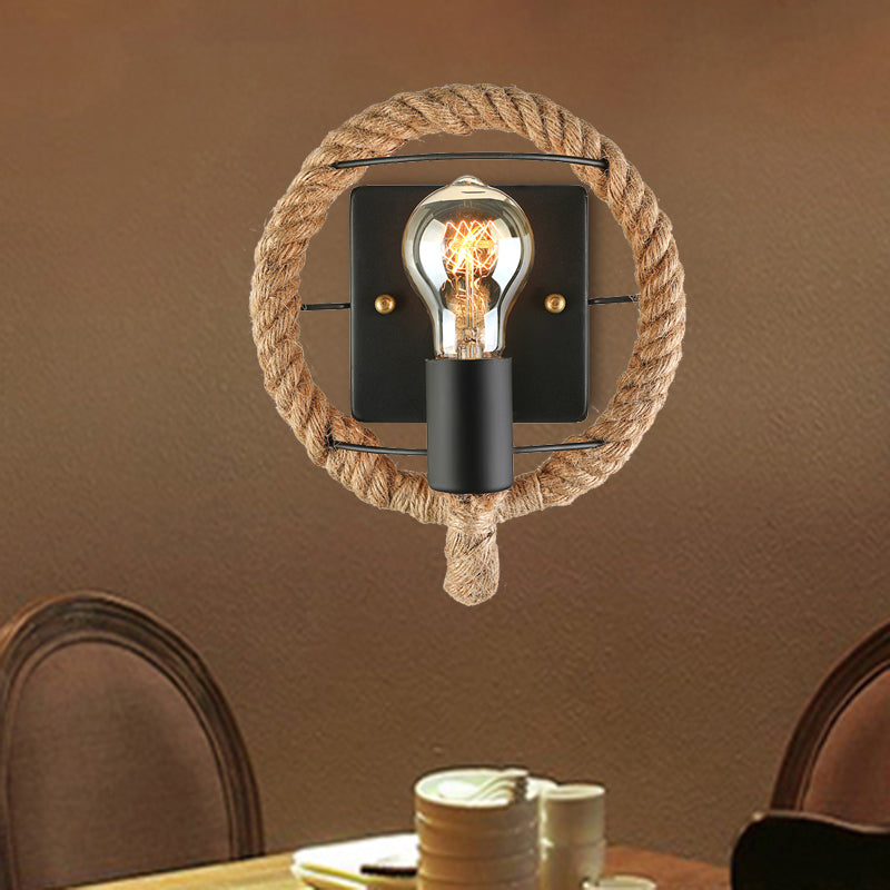 Roped Round/Oval Wall Light with Bare Bulb Nautical Style 1 Light Restaurant Wall Sconce Lighting in Black
