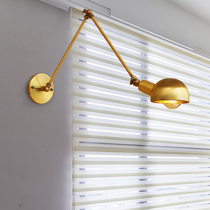 1 Bulb Reading Wall Lamp Retro Style Bowl Shade Iron Adjustable Wall Lighting in Brass for Study Room