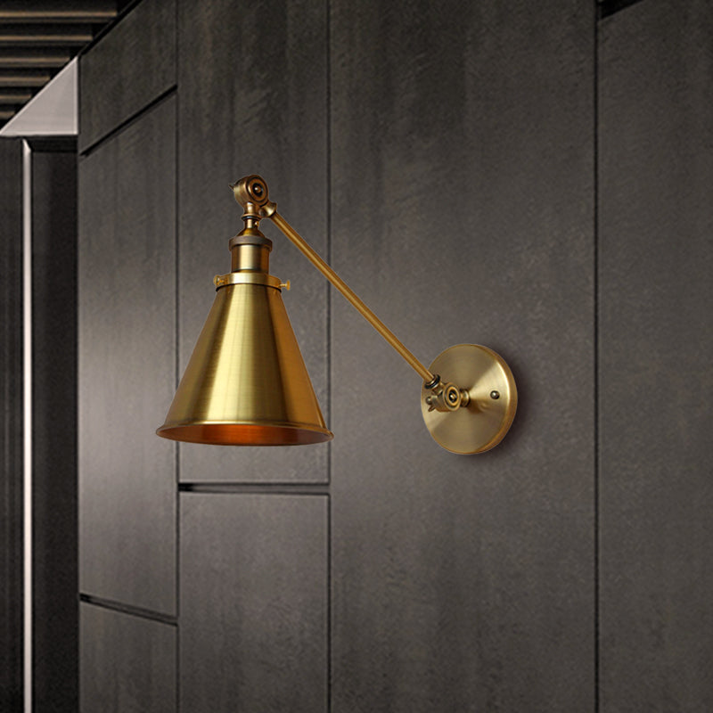1 Light Wall Sconce Light with Tapered Shade Metallic Vintage Indoor Wall Lighting in Brass, 8"/12" Dia