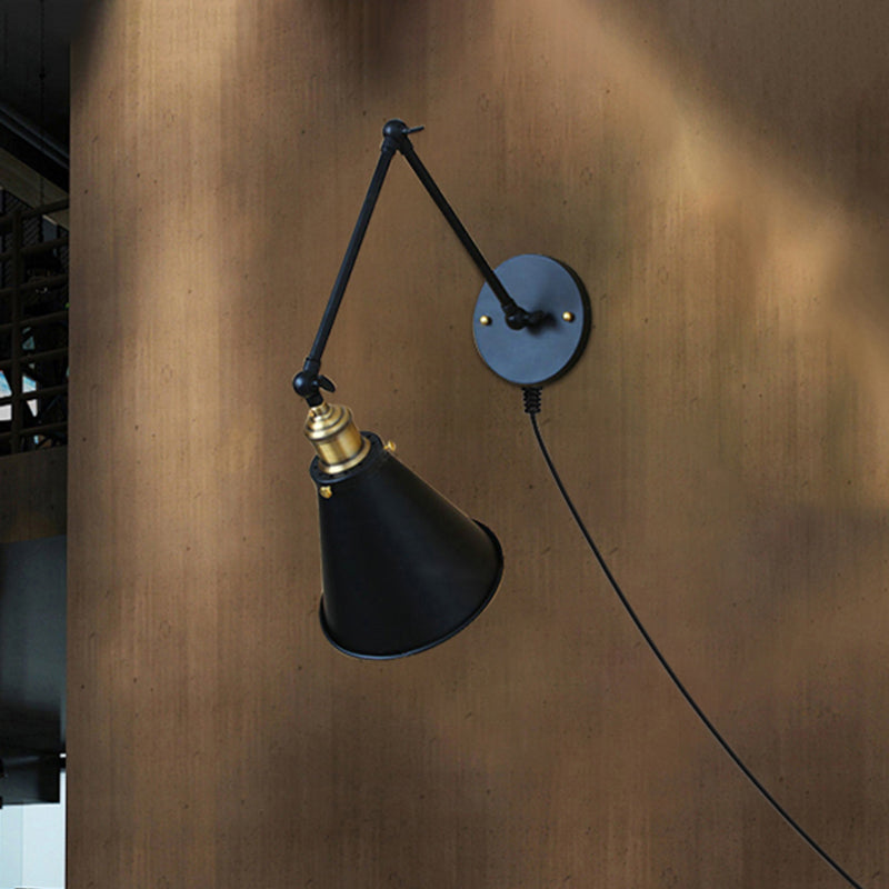 Sconcetto parete conico vintage 1 lampadina di applique in lampadina con braccio oscillante in nero per sala da pranzo