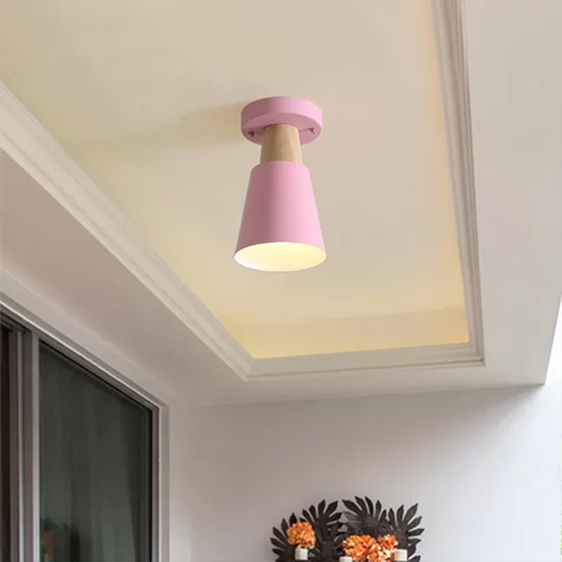 Macaron Conic Semi Flushmount Light 1 Head Metal Semi Flush Mount Ceiling Light in Grey/Pink/Yellow/Green