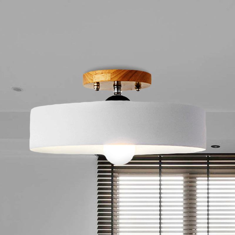 Drum Semi Mount Lighting Modernist Metal 1 Light 12" W Gray/White/Red/Pink Ceiling Mounted Fixture for Living Room
