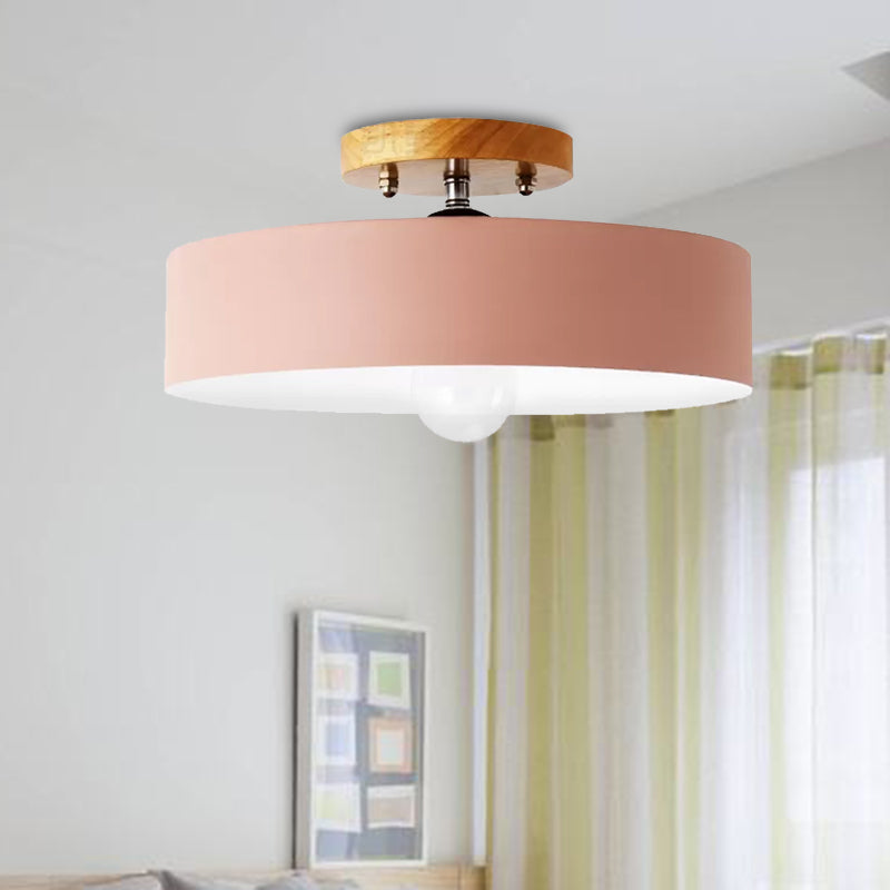 Drum Semi Mount Lighting Modernist Metal 1 Light 12" W Gray/White/Red/Pink Ceiling Mounted Fixture for Living Room