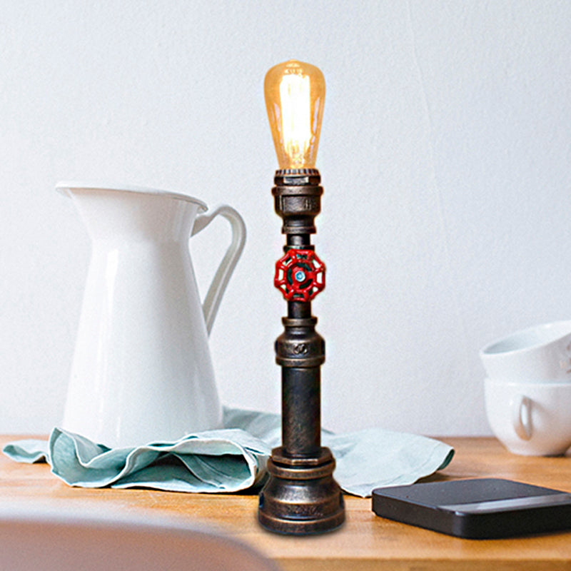 1 Bulb Plumbing Pipe Table Light with Open Bulb and Valve Industrial Bronze Metallic Standing Light