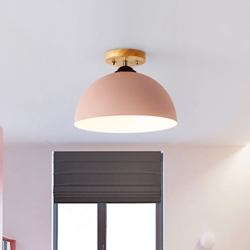 Red/Pink/White/Gray Domed Semi Flushmount Light Macaron Metal 1 Head Bedroom Semi Flush Ceiling Light, 12" W