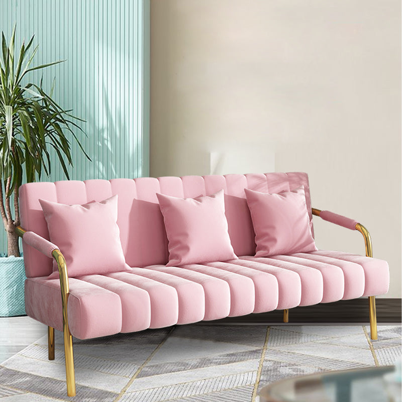 Sewn Pillow Back Velvet Sofa 28.35" High Metal Brass Arm Sofa