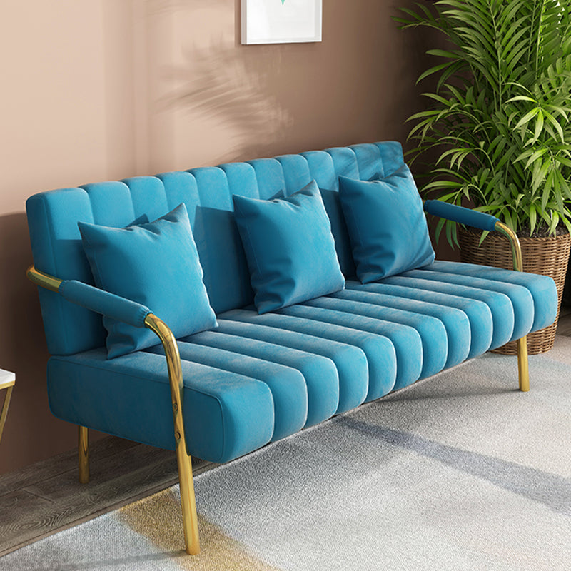 Sewn Pillow Back Velvet Sofa 28.35" High Metal Brass Arm Sofa