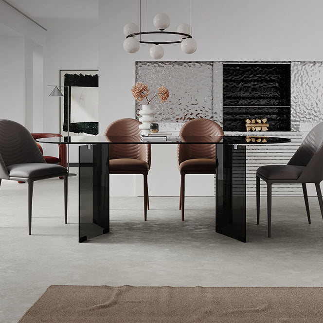 Glass Contemporary Oval Dining Table Clear Glass Top Table with Double Pedestal