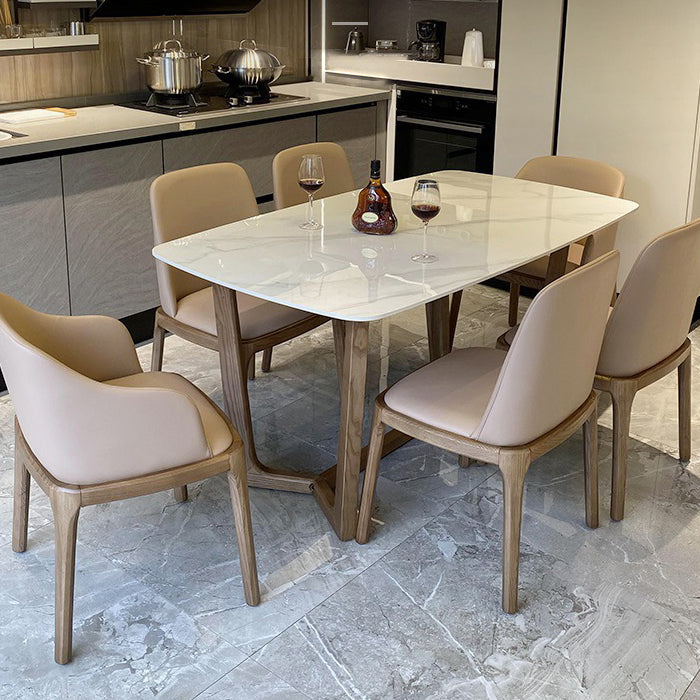 Table de salle à manger avec plateau en pierre, table rectangulaire en bois avec base à tréteaux