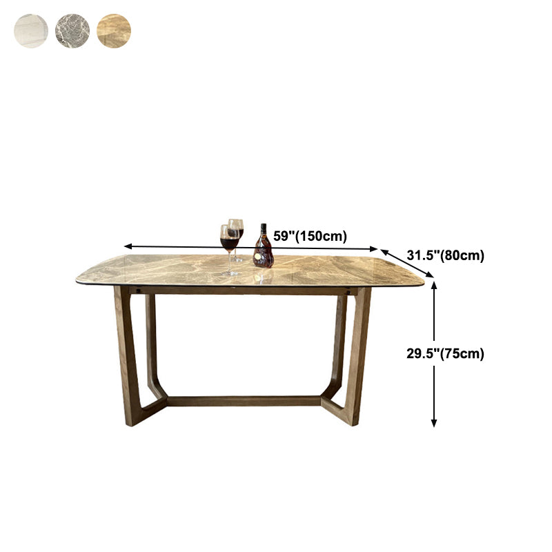 Table de salle à manger avec plateau en pierre, table rectangulaire en bois avec base à tréteaux