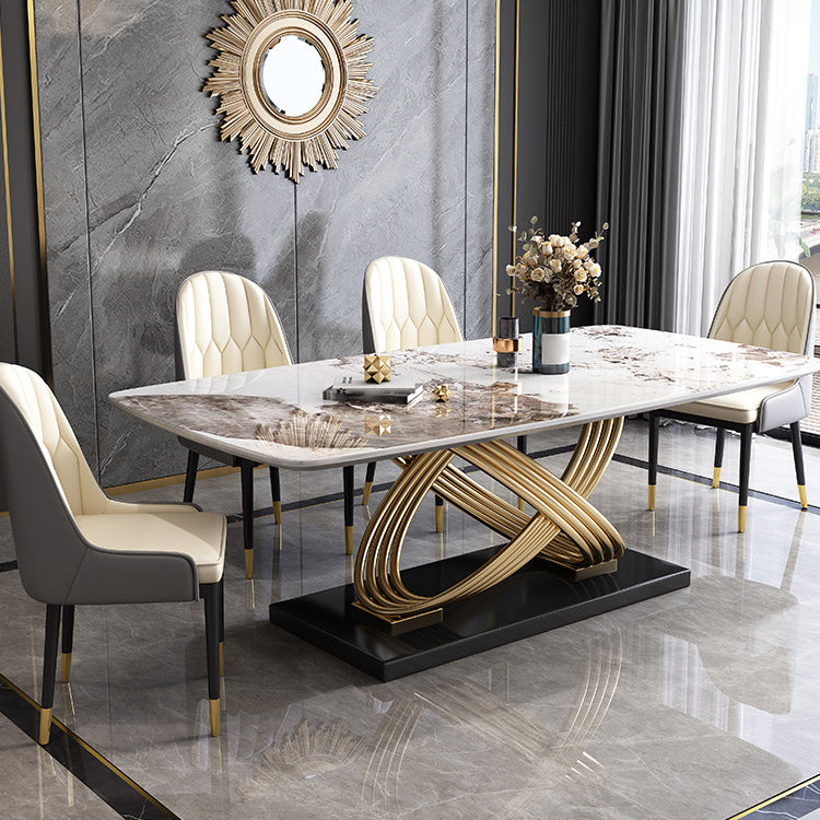 Stone Top Dining Table Modern Rectangle Dining Table with Gold Pedestal Base