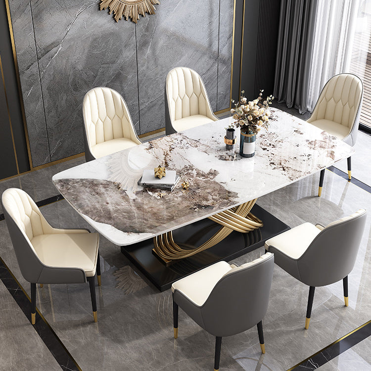 Stone Top Dining Table Modern Rectangle Dining Table with Gold Pedestal Base