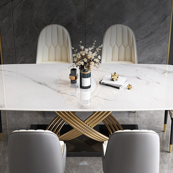 Stone Top Dining Table Modern Rectangle Dining Table with Gold Pedestal Base