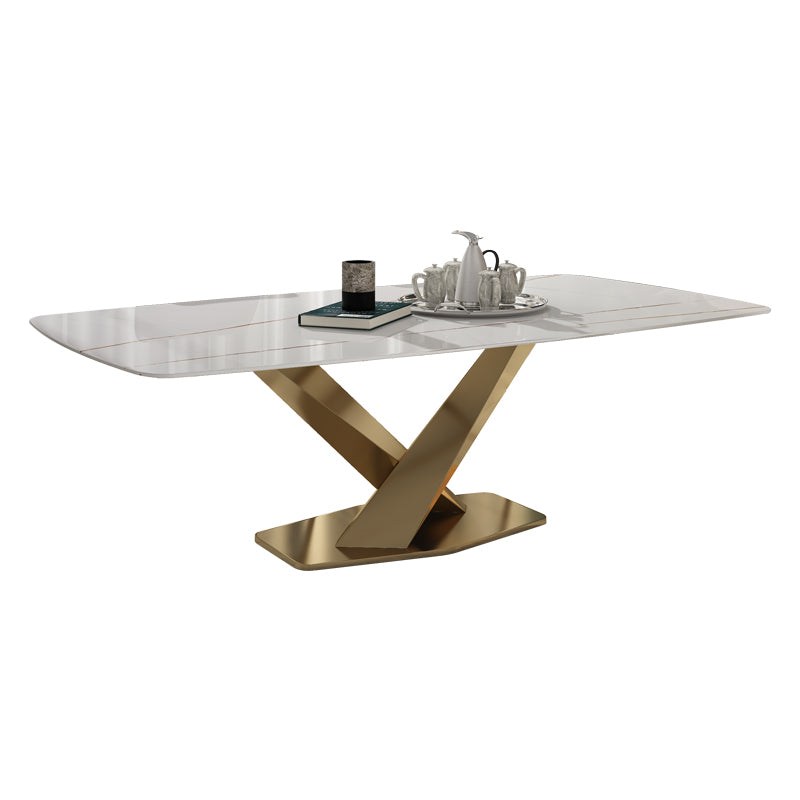 Rectangle Sintered Stone Top Dining Table Luxury Table with Pedestal Base