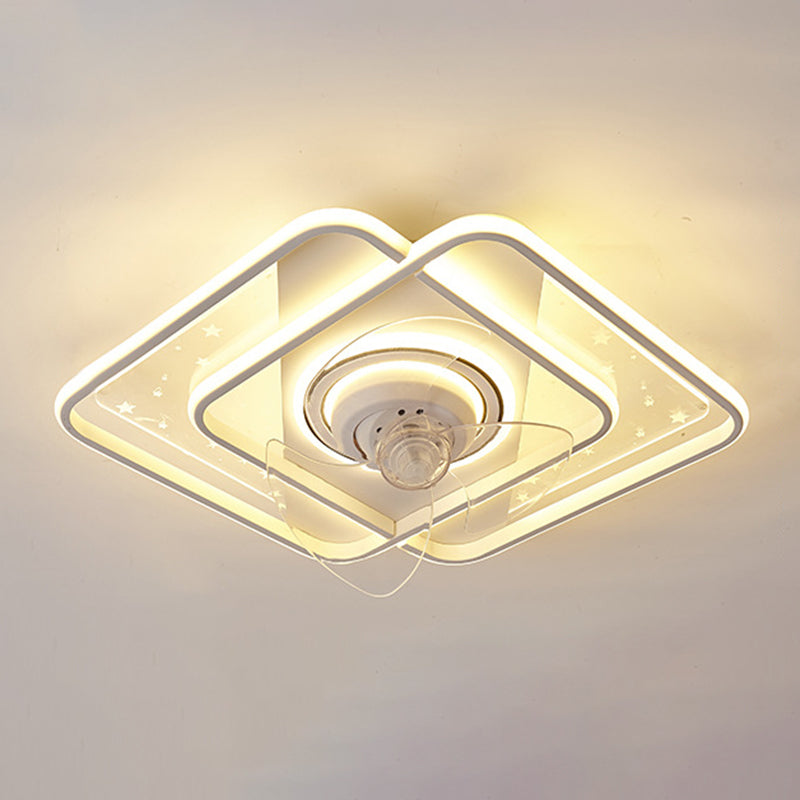 Starry Print Bedroom Ceiling Fan Light Invisible Blades Minimalist LED Semi Flush Light