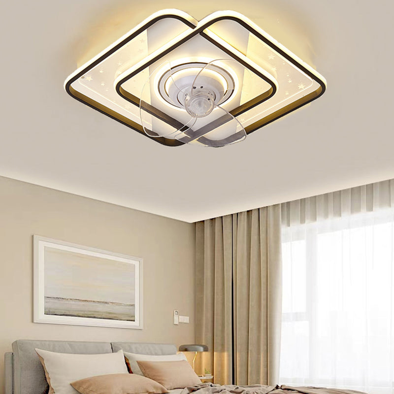 Starry Print Bedroom Ceiling Fan Light Invisible Blades Minimalist LED Semi Flush Light