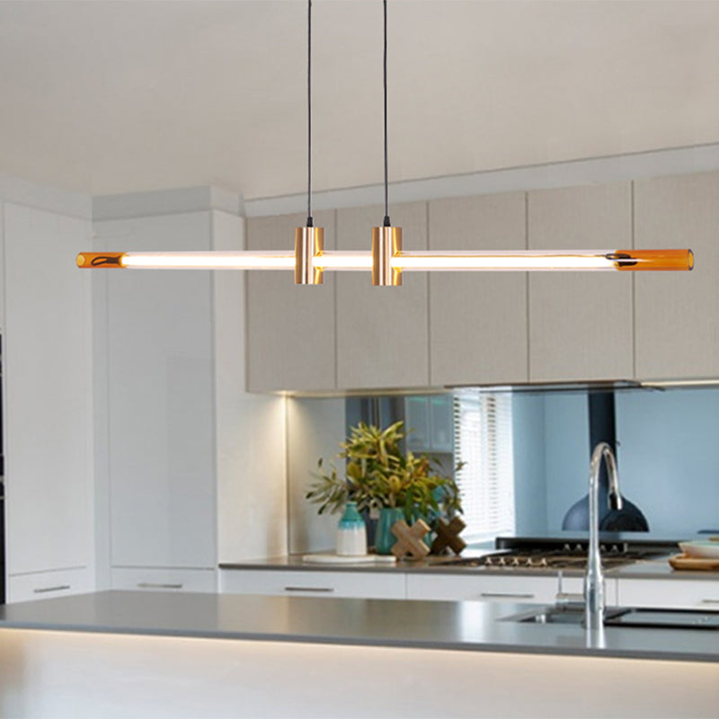 Lámpara de la isla de metal dorado moderna luz colgante de restaurante lineal de 1 luz con sombra de vidrio