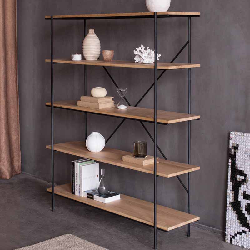 Industriële open etagere boekenplank van 5 plank met ijzeren frame dennenhoutplank