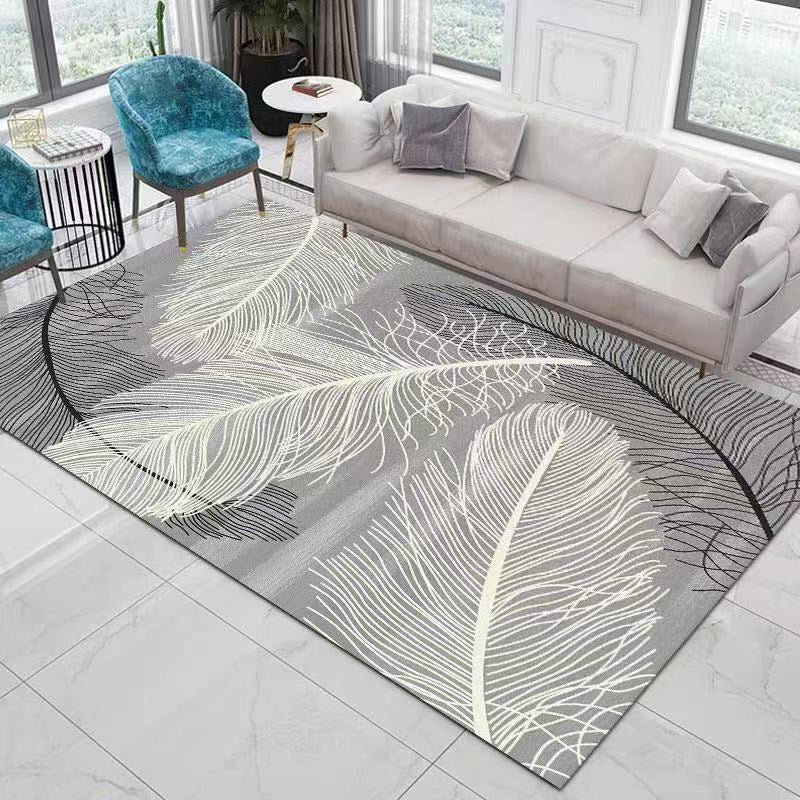 Gray Feather Rug Polyester Modern Area Rug Non-Slip Backing Rug for Drawing Room