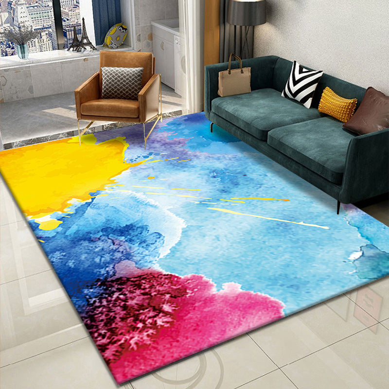 Tapis graphique bleu clair Polyester tapis lavable simple pour la décoration intérieure