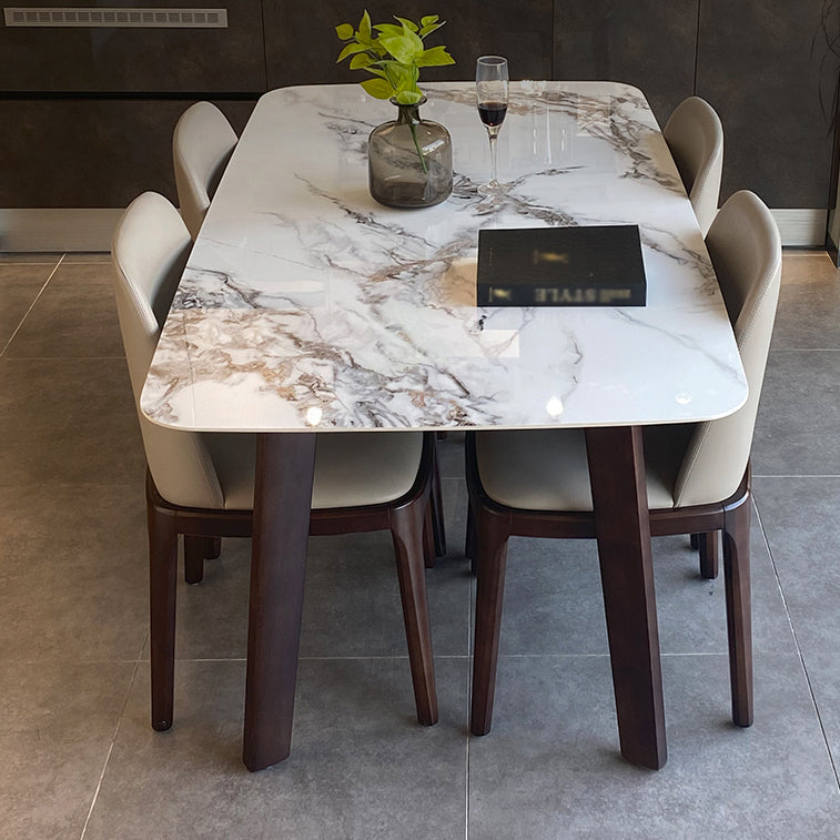 Modern Rectangle Dining Table Stone Top Walnut Tripod Base Dining Table