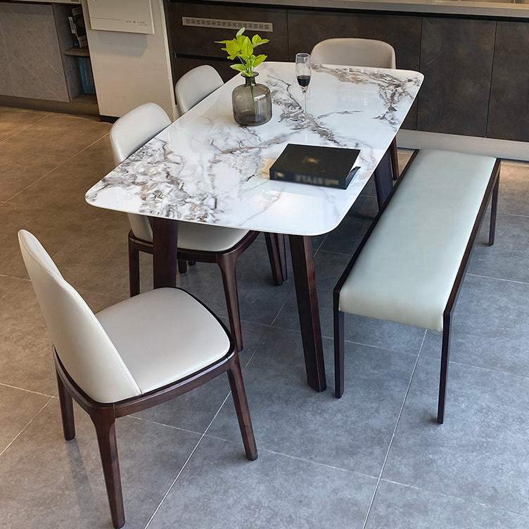 Modern Rectangle Dining Table Stone Top Walnut Tripod Base Dining Table