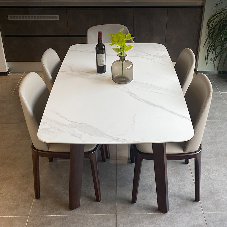 Modern Rectangle Dining Table Stone Top Walnut Tripod Base Dining Table
