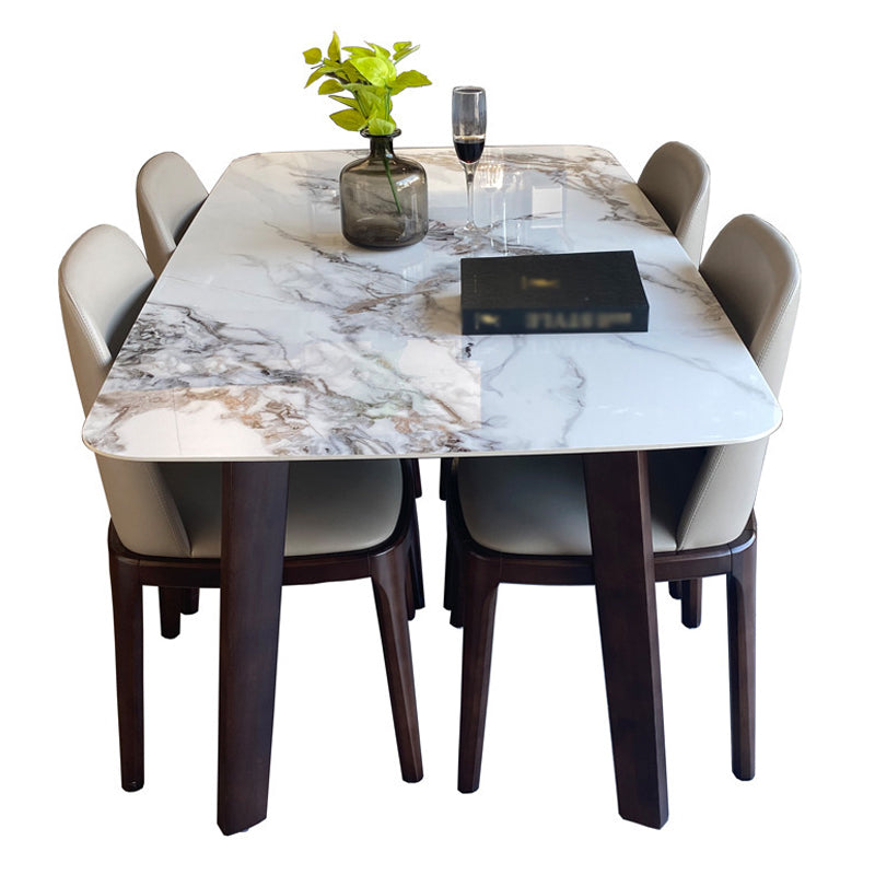 Modern Rectangle Dining Table Stone Top Walnut Tripod Base Dining Table