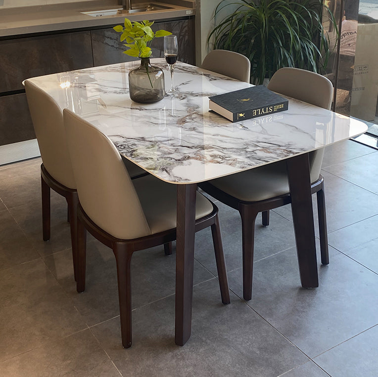Modern Rectangle Dining Table Stone Top Walnut Tripod Base Dining Table