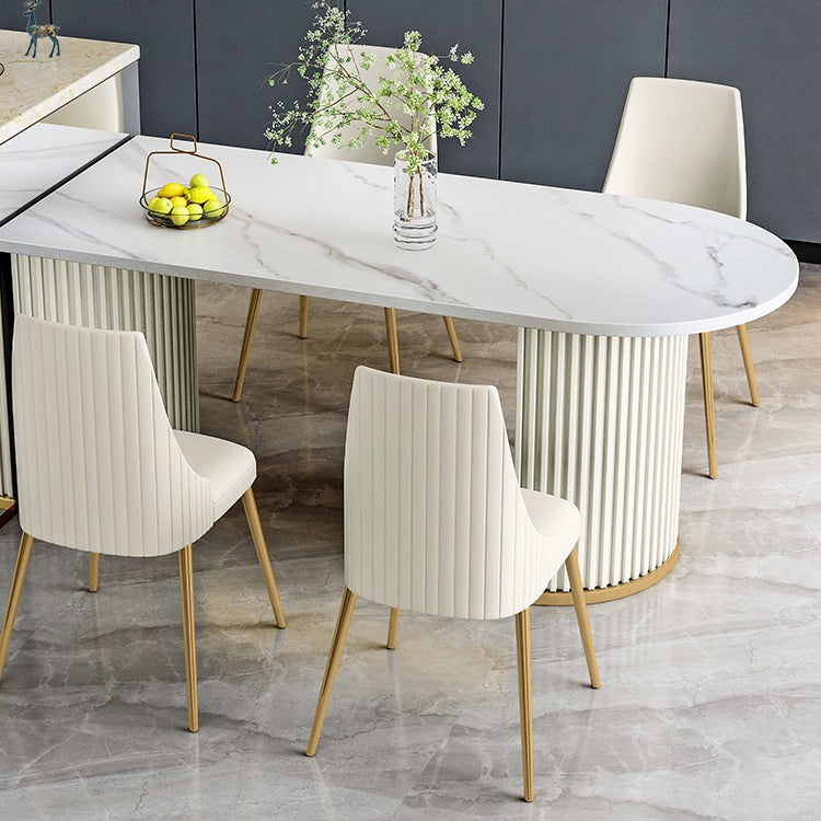Stone White Top Dining Table Modern Dining Table with Double Pedestal Base