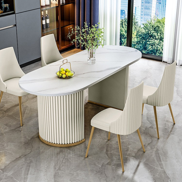 Stone White Top Dining Table Modern Dining Table with Double Pedestal Base