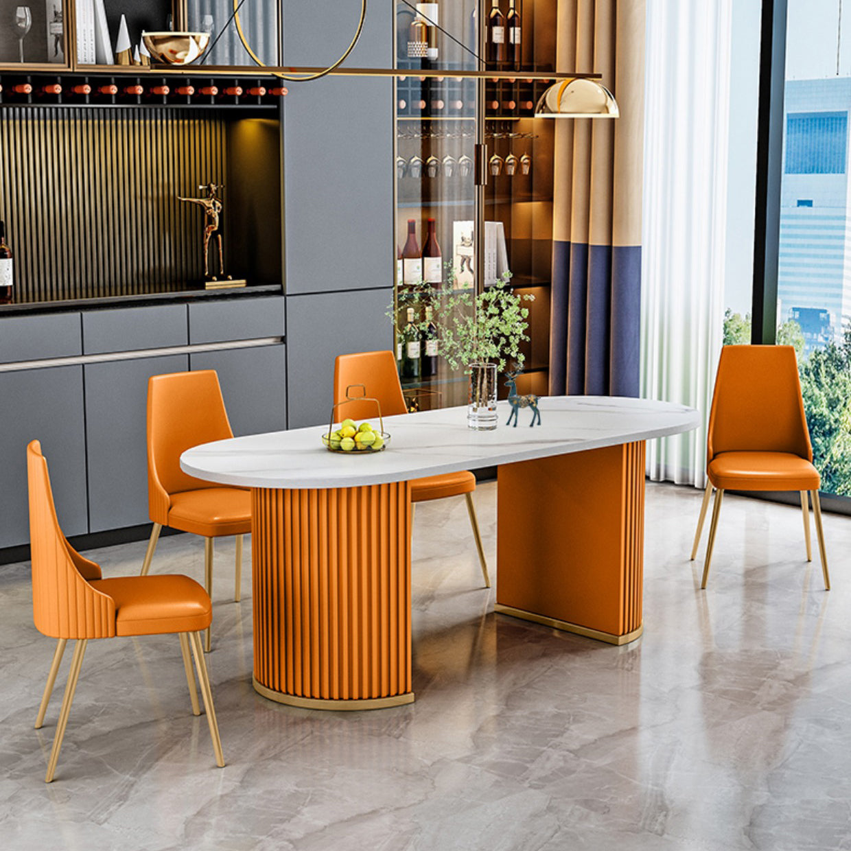 Stone White Top Dining Table Modern Dining Table with Double Pedestal Base