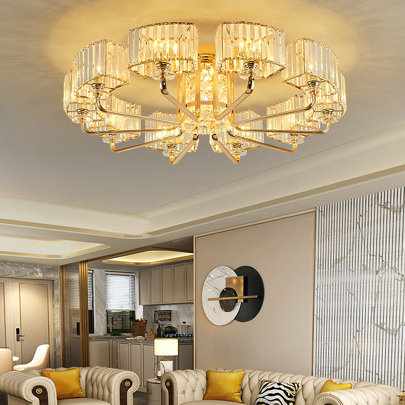 Moderne Metall-Halbblüte-Lampen-Golddecke mit Rechteckkristallschatten mehrköpfiger Kopf