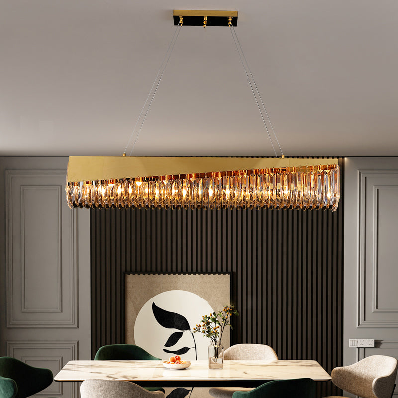 Gold Metal Island Lighting Armaturen moderne Restaurantsuspensionslampe mit Kristallschatten