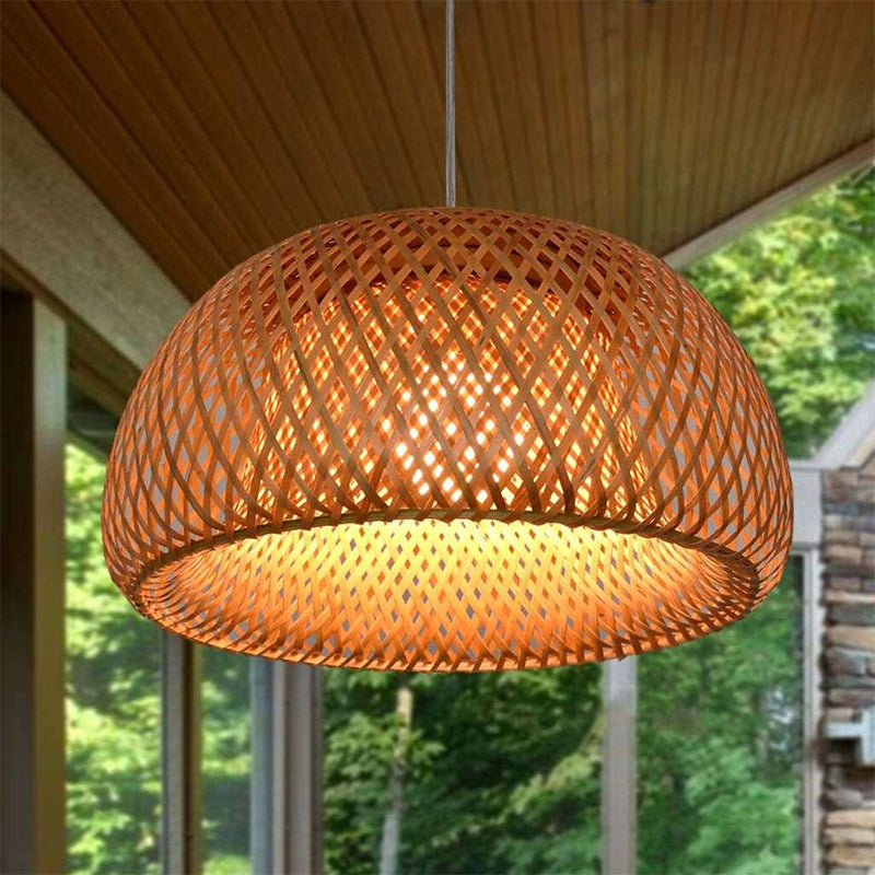 Dome Shade Pendant Light Fixture Asian Bamboo 1 Bulb Dining Room Drop Light