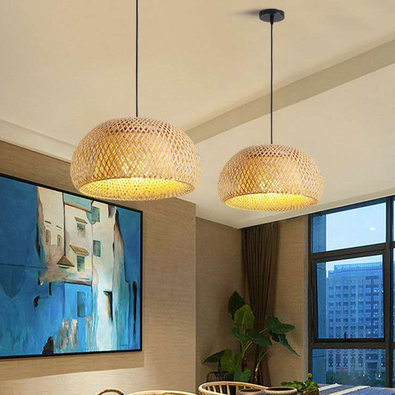 Dome Shade Pendant Light Fixture Asian Bamboo 1 Bulb Dining Room Drop Light