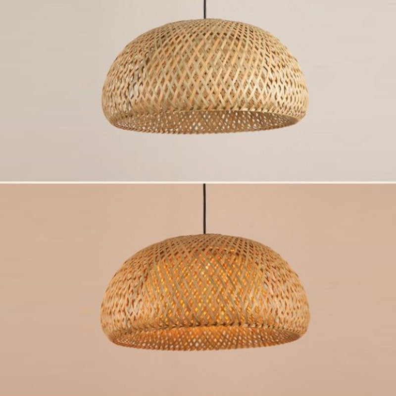 Dome Shade Pendant Light Fixture Asian Bamboo 1 Bulb Dining Room Drop Light