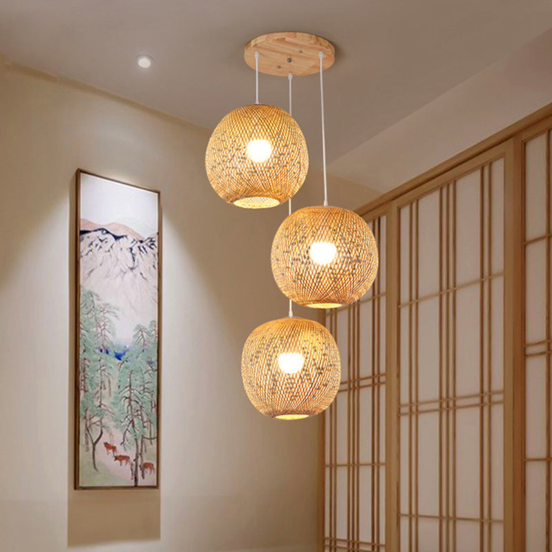 3 Lights Stairway Pendant Asian Style Multiple Hanging Light with Braided Bamboo Shade