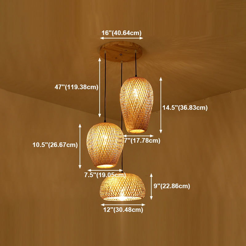 3 Lights Stairway Pendant Asian Style Multiple Hanging Light with Braided Bamboo Shade