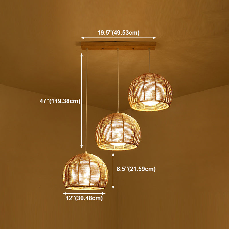 3 Lights Stairway Pendant Asian Style Multiple Hanging Light with Braided Bamboo Shade