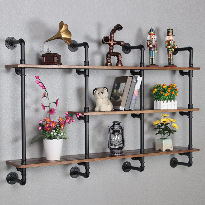 Industrial Wall Mounted Bookshelf with Black Iron Frame Pine Wood Shelf