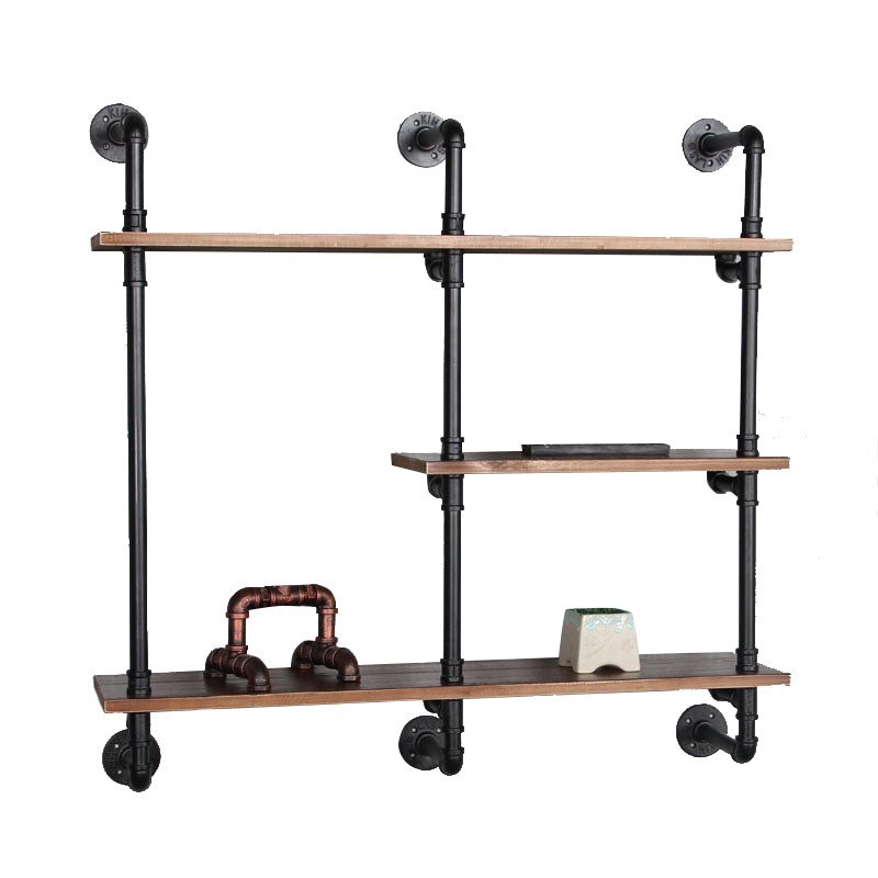 Industrial Wall Mounted Bookshelf with Black Iron Frame Pine Wood Shelf