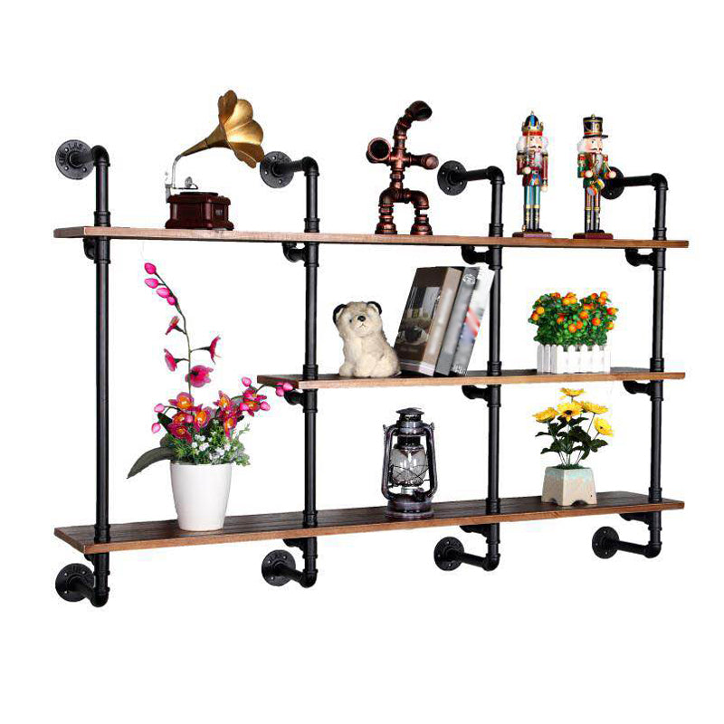 Industrial Wall Mounted Bookshelf with Black Iron Frame Pine Wood Shelf