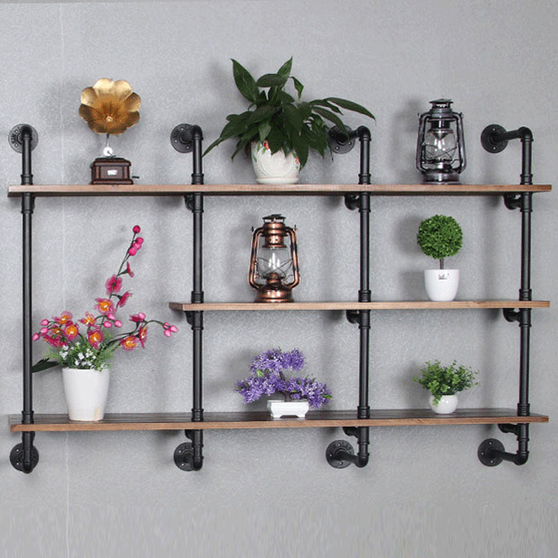 Industrial Wall Mounted Bookshelf with Black Iron Frame Pine Wood Shelf